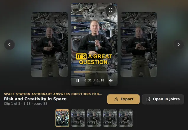 Joltra's clip player in an assistant chat, playing a captioned clip from a NASA space station video, with the other clips in a strip below